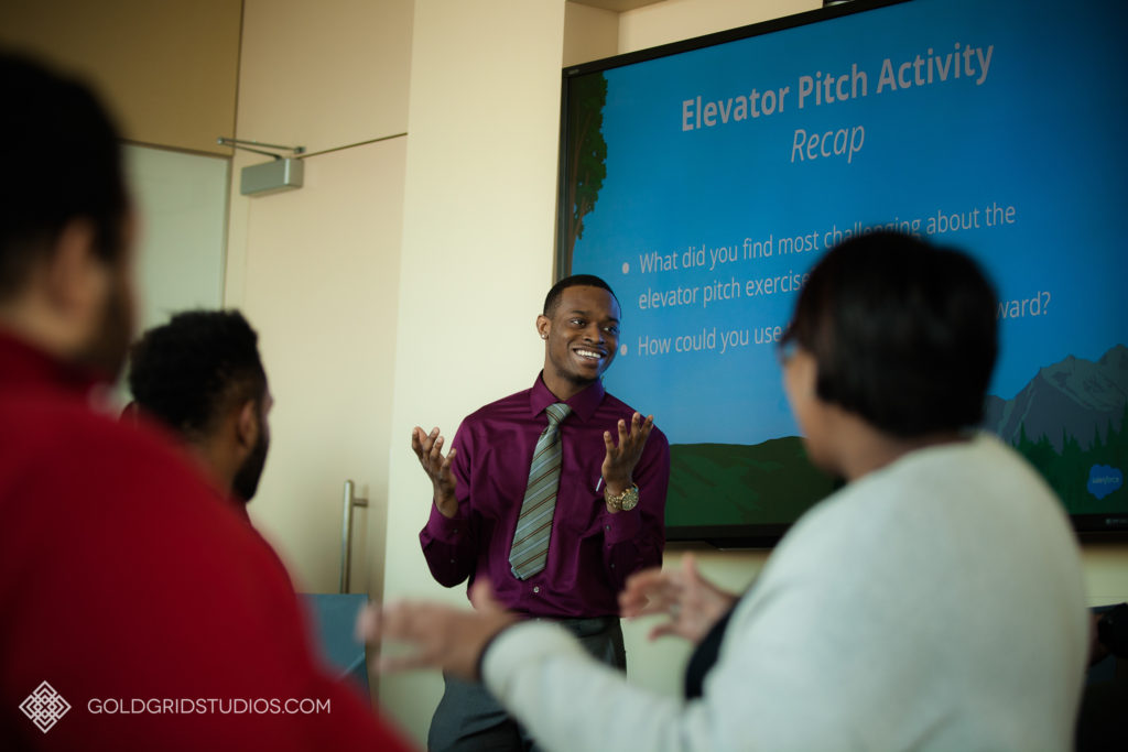 A presentation from an elevator pitch activity at the Salesforce Chicago office.