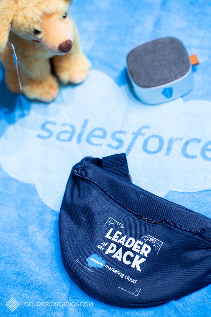 Salesforce branded fanny pack, speaker, and stuffed animal.